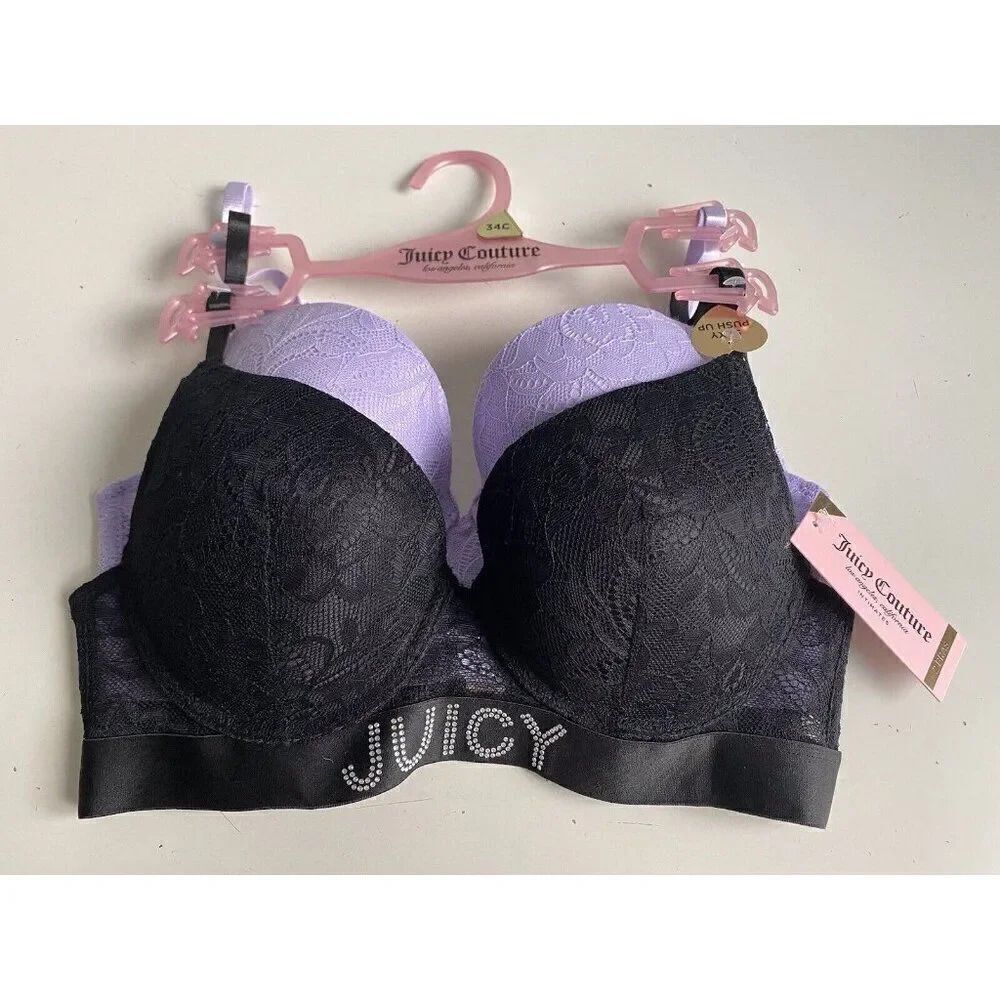 2 Pack Juicy Couture Bra SEXY Push Up JC5273 Purple Black Lace Bling Sz 34C NEW